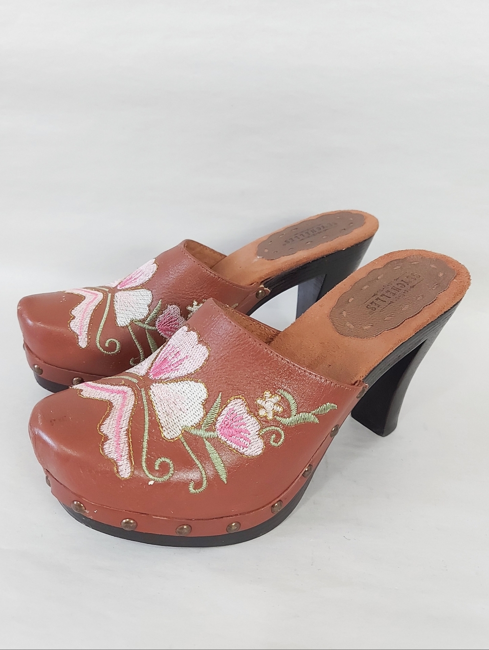 Seychelles Studs Floral Embroidery 90s Y2K Chunky Wooden High Heel Clogs Size 8